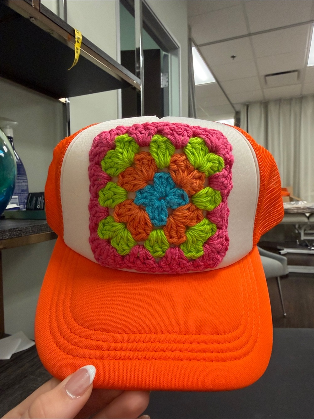 Neon Orange Crochet Patch Trucker Hat
